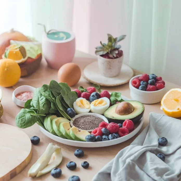 Vibrant plate of healthy pregnancy foods including spinach, avocado, boiled eggs, chia seeds, and mixed berries on a wooden table. Perfect for a nutritious and balanced diet during pregnancy