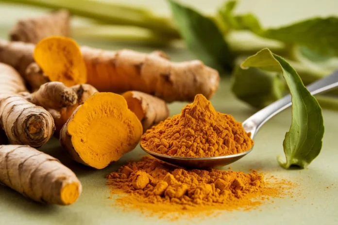 Turmeric roots and powder, showcasing the vibrant golden color